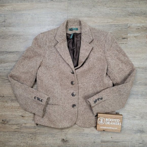 Vintage Lauren Ralph Lauren Blazer Suit Jacket Brown Wool 4 Button Career Womens - Picture 1 of 9
